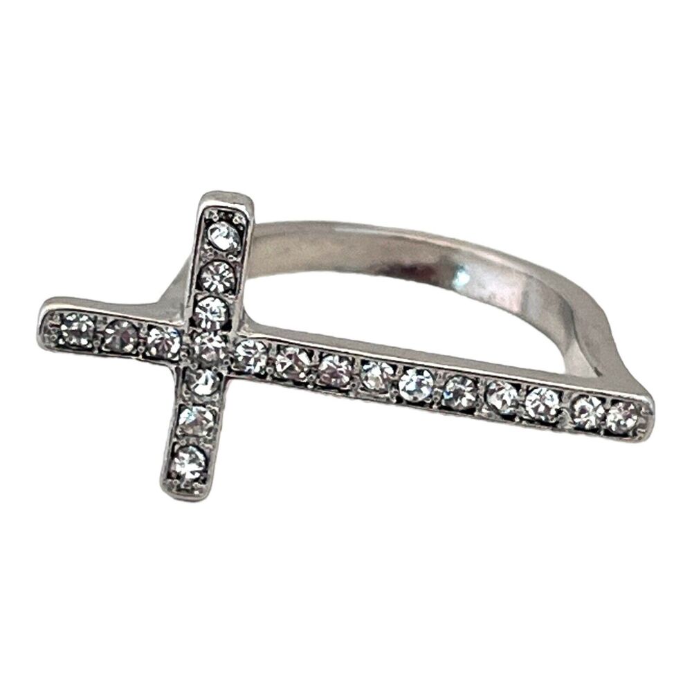 New Cross Ring Size 7.75 Silver Tone Pave Crystals Religious Jewelry - 5W